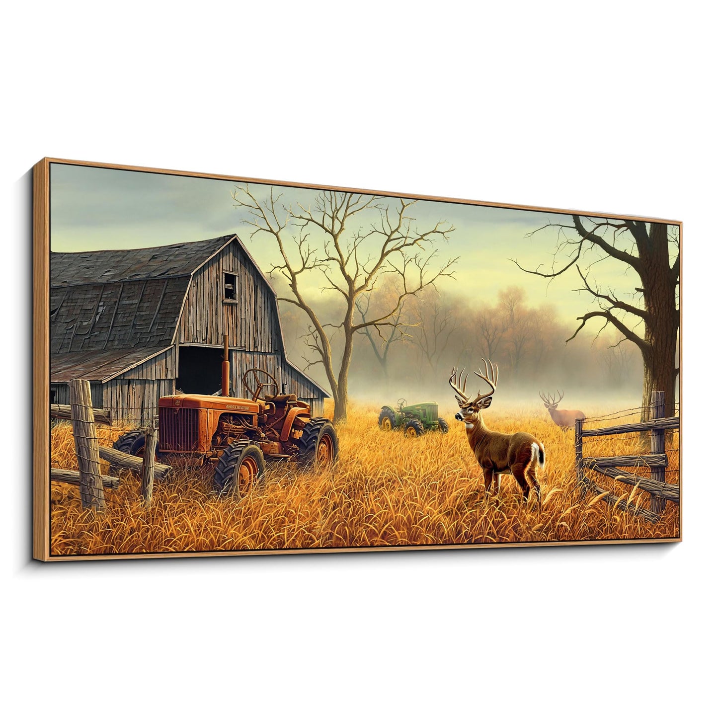 XLSJERST Large Deer Wall Art for Living Room Canvas Prints Decor Decoration Country Tractor Rustic Wildlife Cabin Hunting Picture Glass Surface Artwork Ready to Hang for Bedroom Home Office 24x48