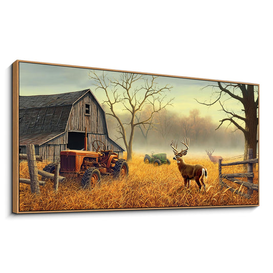 XLSJERST Large Deer Wall Art for Living Room Canvas Prints Decor Decoration Country Tractor Rustic Wildlife Cabin Hunting Picture Glass Surface Artwork Ready to Hang for Bedroom Home Office 24x48